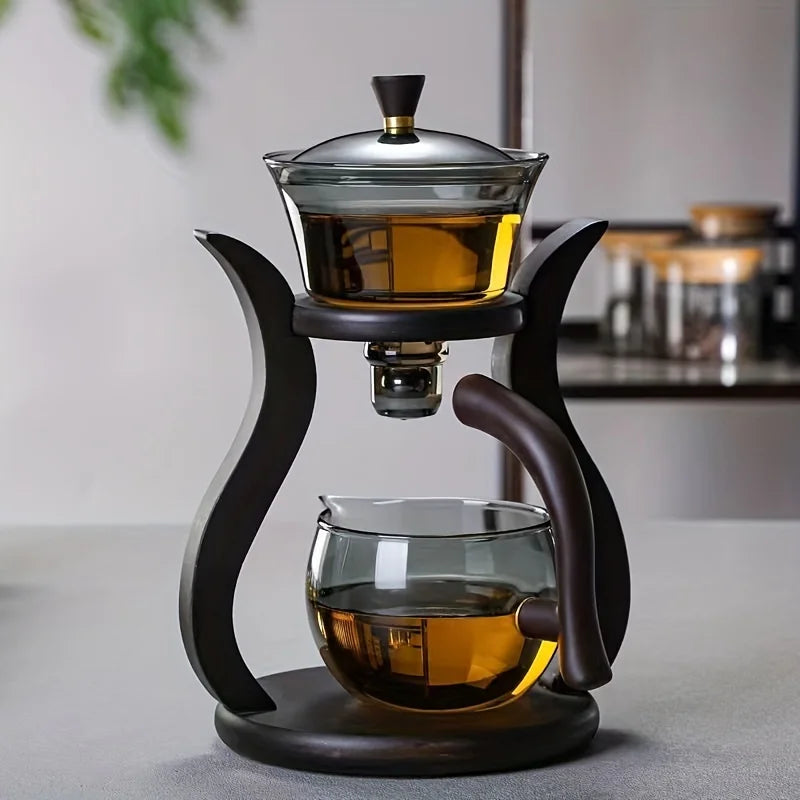 Lazy Kung Fu Glass Tea Set - Semi Automatic Drip With Infuser Glass Teapot, Magnetic Switch and Glass Teacup Set