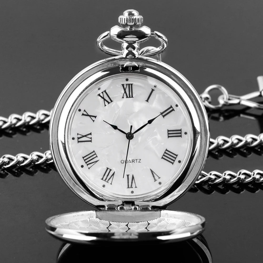 Number Dial - Smooth steel Quartz Pocket Watch Vintage number dial Pocket & Necklace watch pendant (37CM Fob Chain)