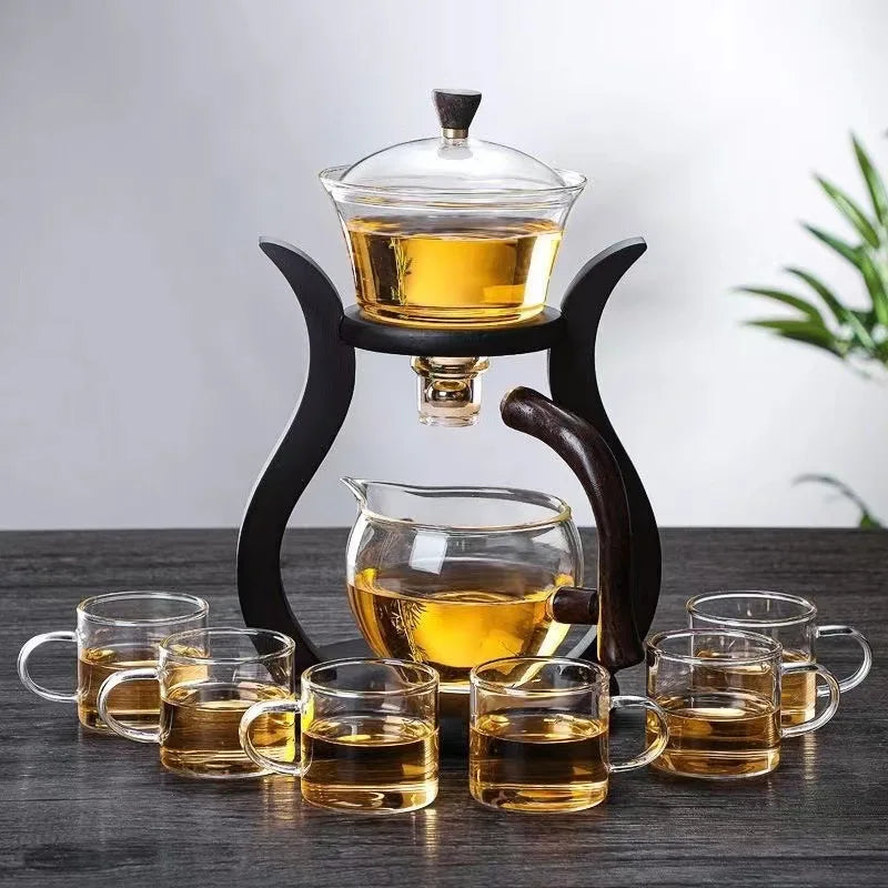 Lazy Kung Fu Glass Tea Set - Semi Automatic Drip With Infuser Glass Teapot, Magnetic Switch and Glass Teacup Set