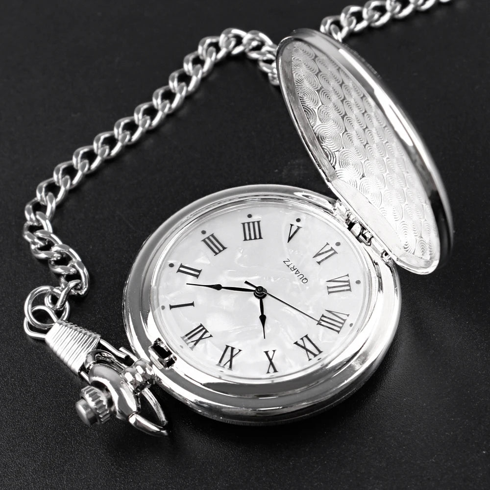 Number Dial - Smooth steel Quartz Pocket Watch Vintage number dial Pocket & Necklace watch pendant (37CM Fob Chain)