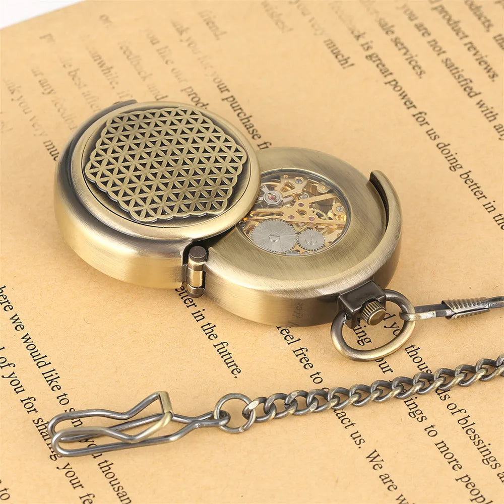 YISUYA Elegant Bronze Mechanical Rotating Cover Pocket Watch