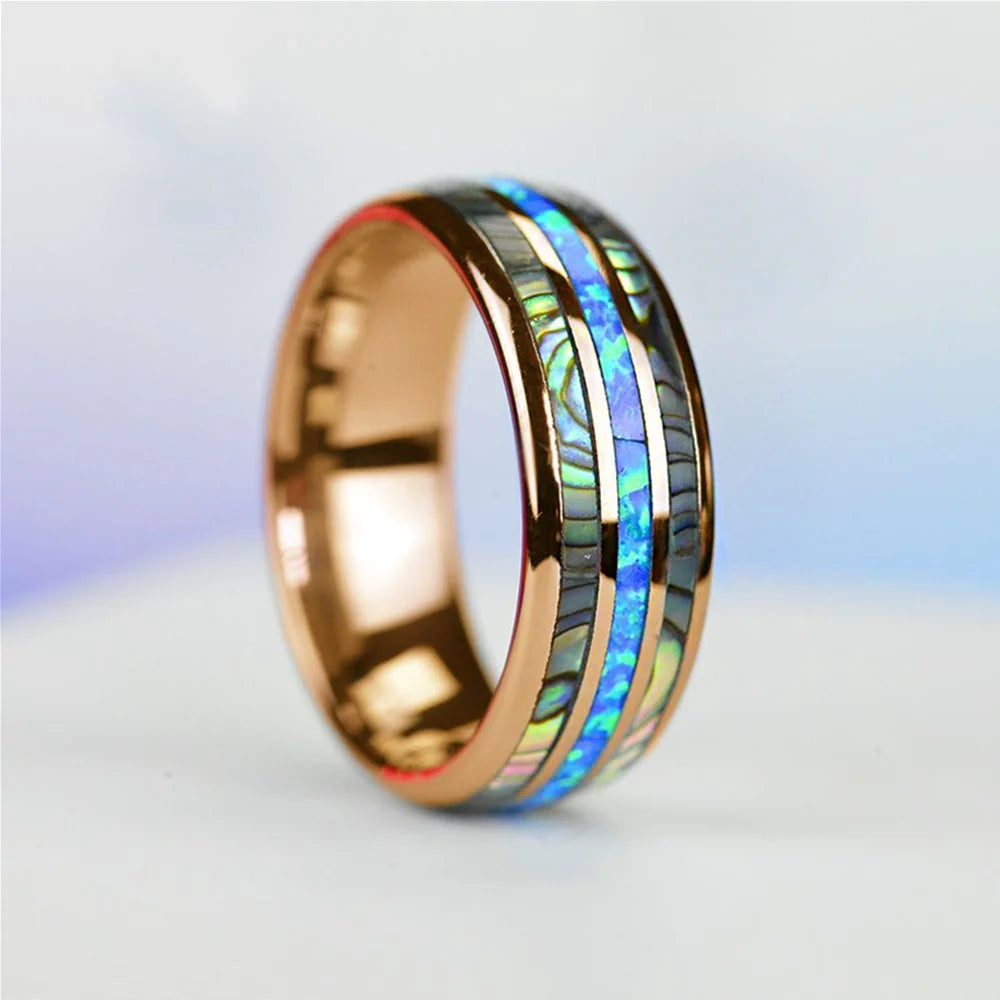 Fancy 8mm Rose, Black & Gold Color Stainless Steel Ring With Inlay natural Stone