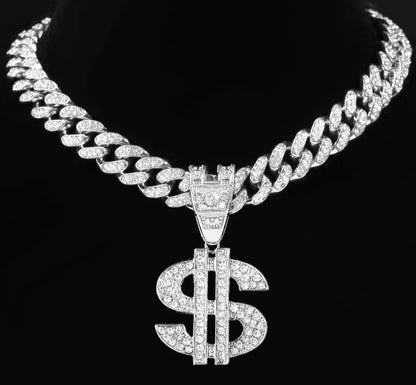 Bling Rhinestone Dollar Pendant Iced Out Silver Color 13mm Cuban Chain Necklaces