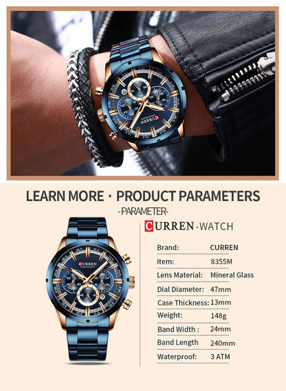 CURREN - Relogio Masculino luxurious Chronograph Wrist Watch, Quartz Clockwork And Waterproof