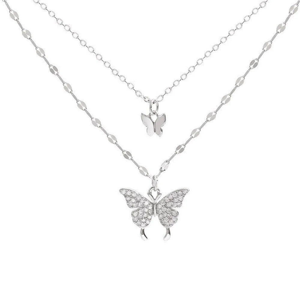 Shiny Butterfly Necklace For Ladies - Exquisite Double Layer Clavicle Chain Necklace