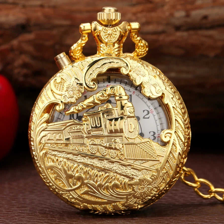 YISUYA Luminous Light Numerals Display Bronze Train Locomotive Quartz Pocket Watch