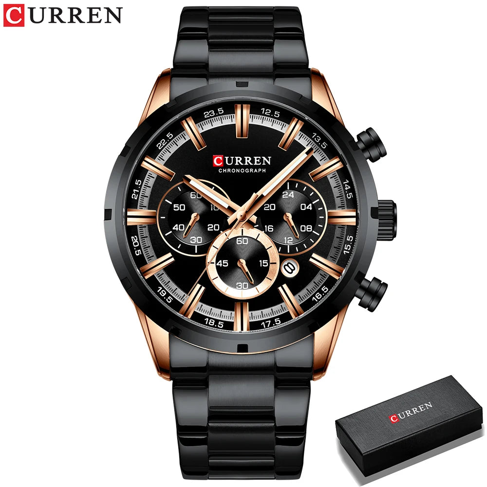 Curren Luxury style Stainless Steel Quartz Watch - Waterproof, Luminous, Date And Box