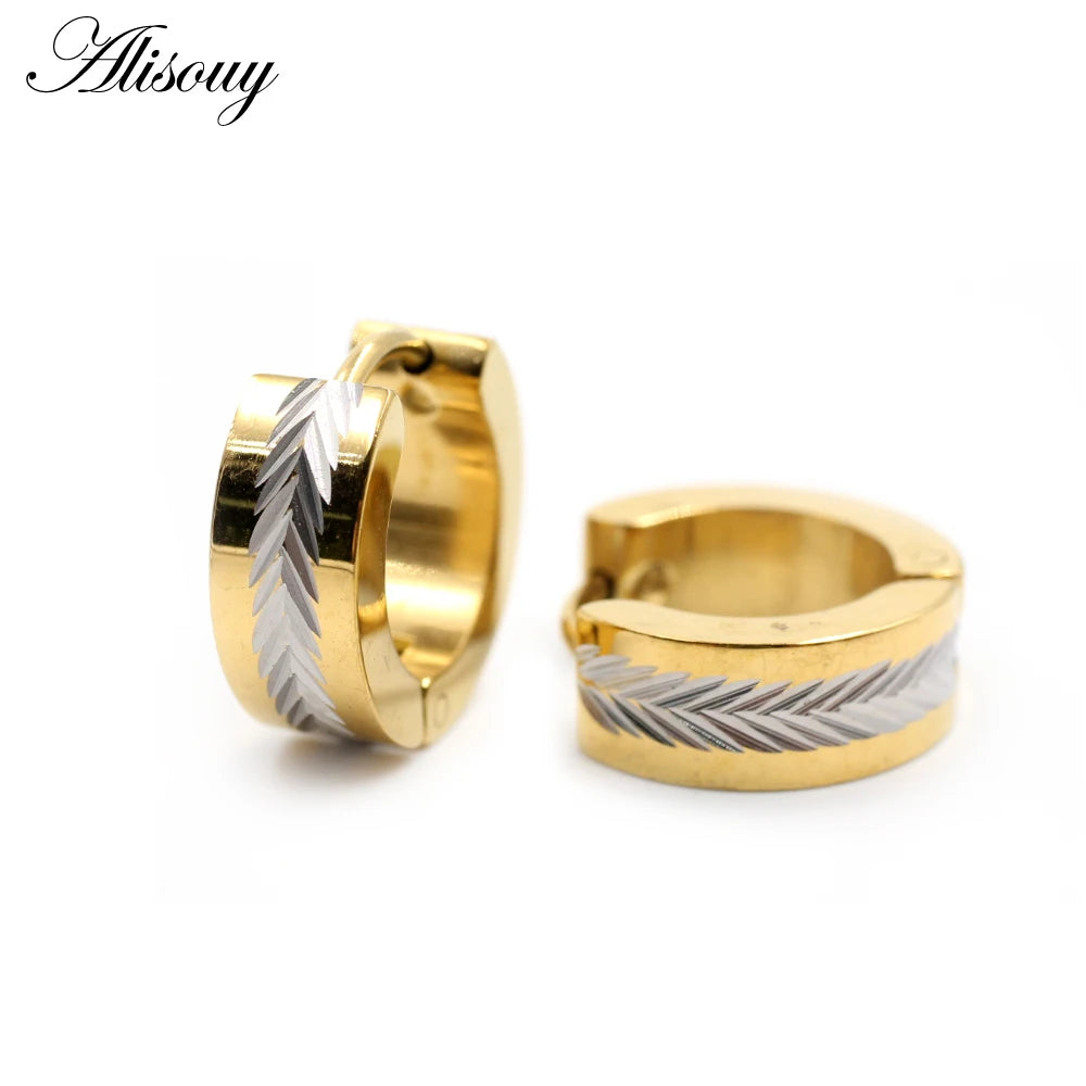 Alisouy 2Pcs Stainless Steel Carving Wheat/Leaf Hoop Earring