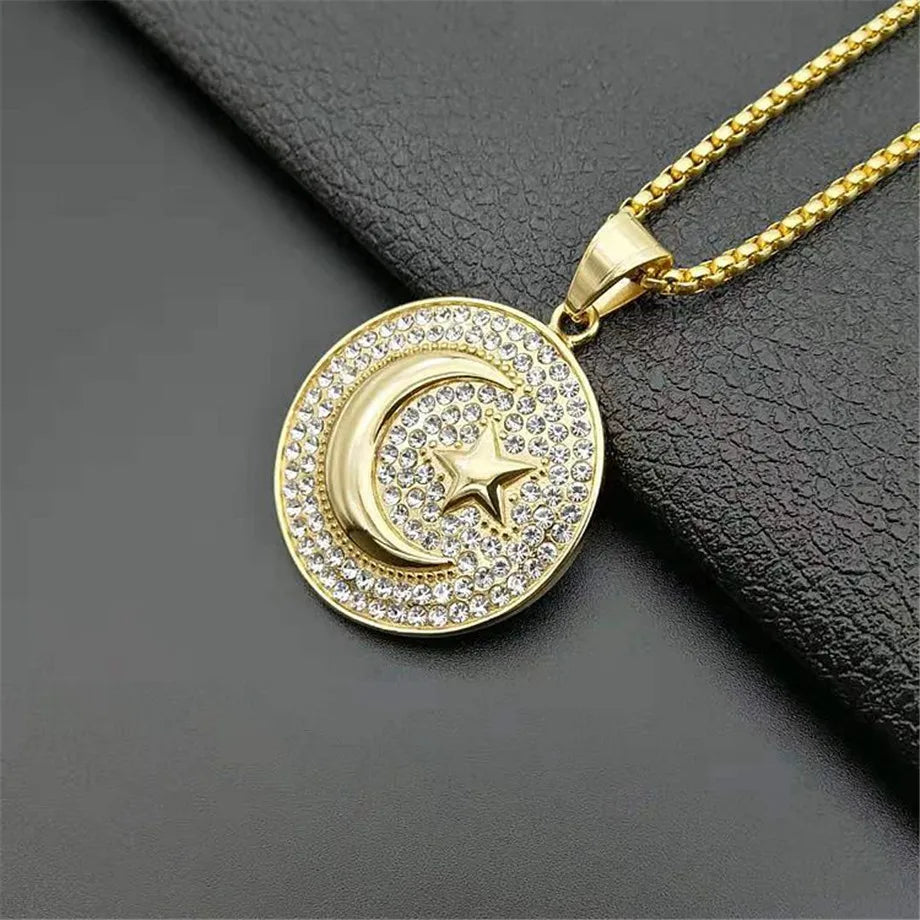 Crescent Iced Out Moon and Star Pendant Stainless Steel Necklace