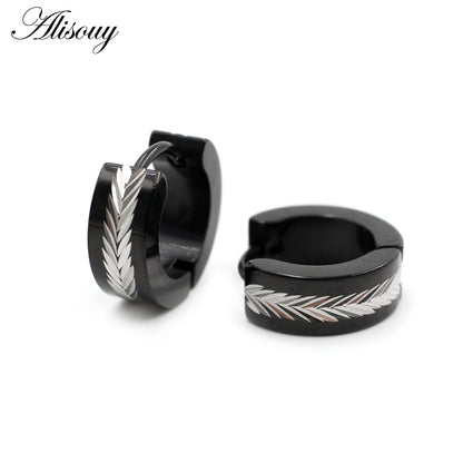 Alisouy 2Pcs Stainless Steel Carving Wheat/Leaf Hoop Earring