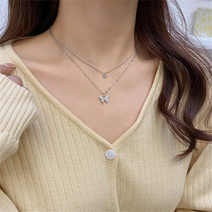 Shiny Butterfly Necklace For Ladies - Exquisite Double Layer Clavicle Chain Necklace