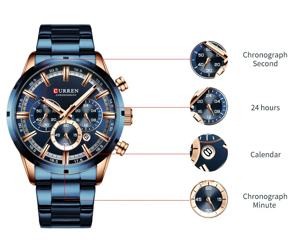 CURREN - Relogio Masculino luxurious Chronograph Wrist Watch, Quartz Clockwork And Waterproof