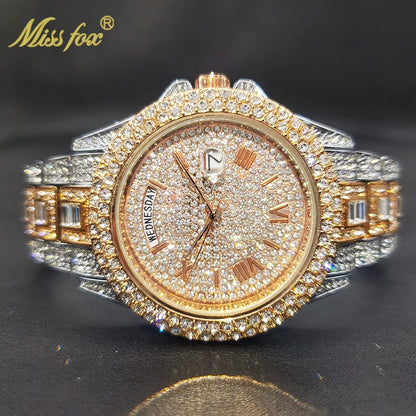 MISSFOX Luxury Gold Designer Diamond Watch - Iced Out Quartz Watch