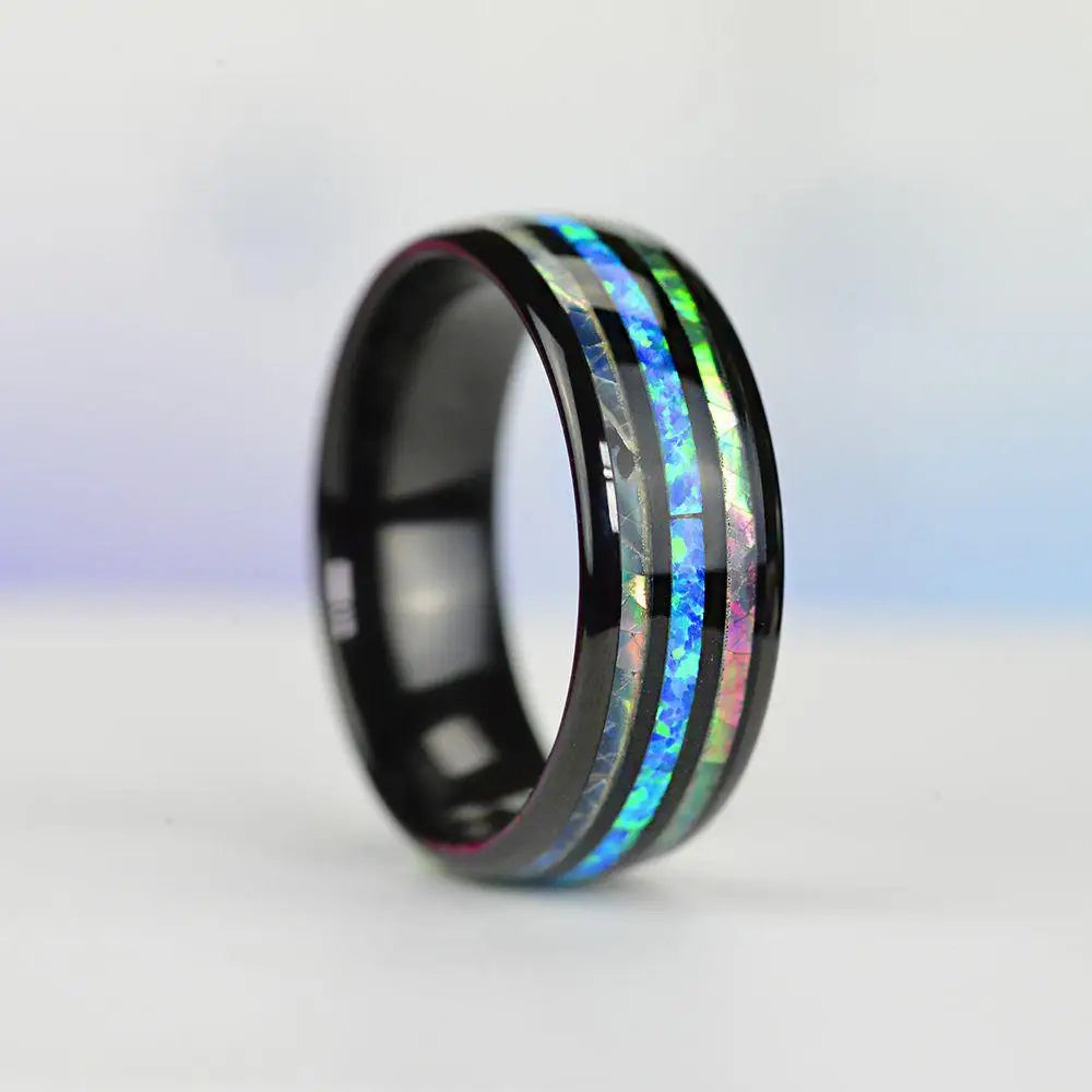 Fancy 8mm Rose, Black & Gold Color Stainless Steel Ring With Inlay natural Stone