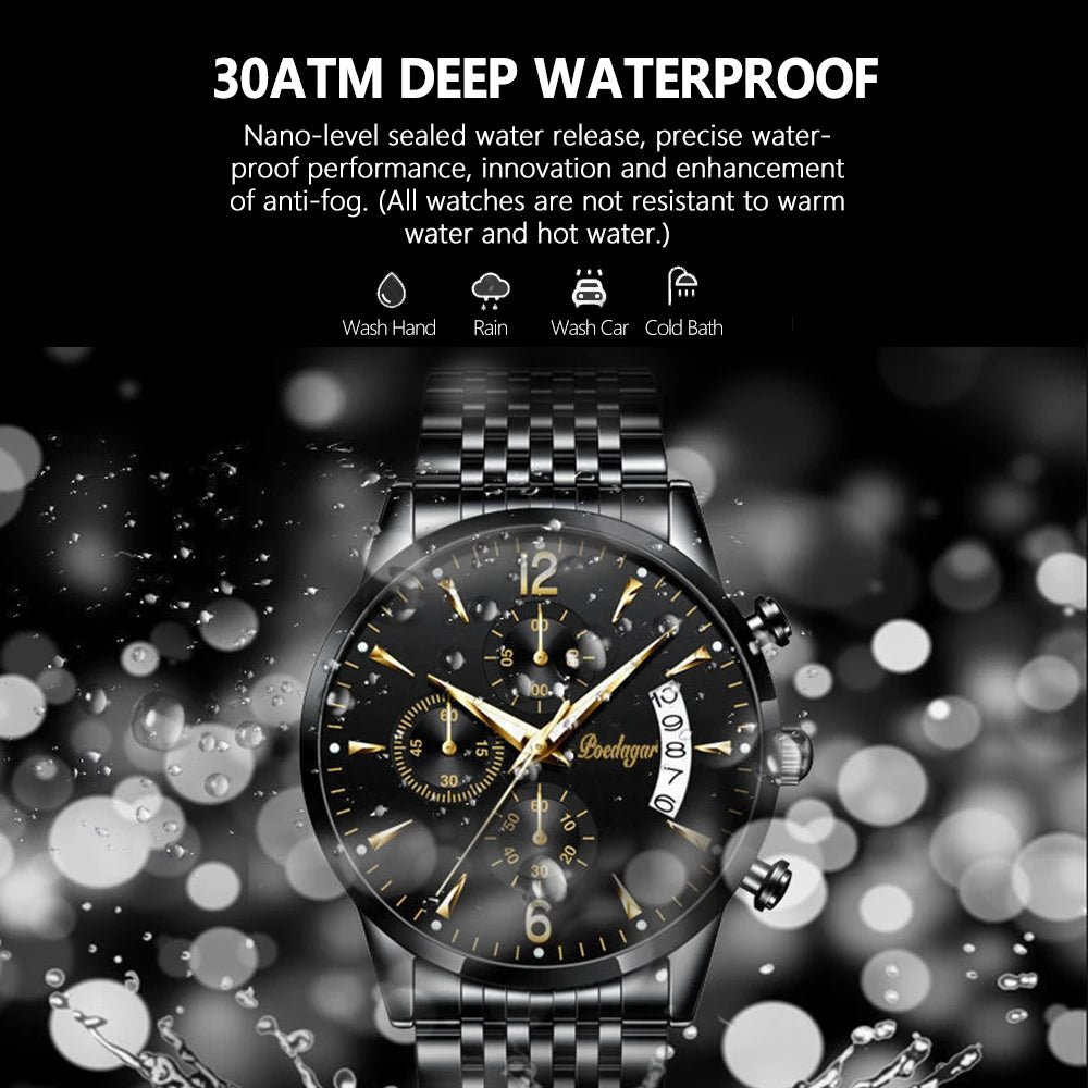 POEDAGAR Luxury Stainless Steel Quartz Watch - Waterproof, Luminous, Date And Box