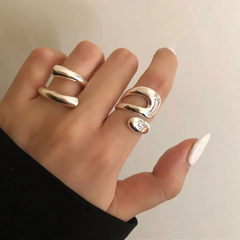 Foxanry Minimalist Silver Color Rings for Women Fashion Creative Hollow Irregular Geometric Birthday Party Jewelry Gifts