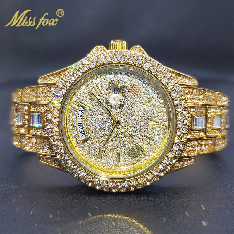 MISSFOX Luxury Gold Designer Diamond Watch - Iced Out Quartz Watch