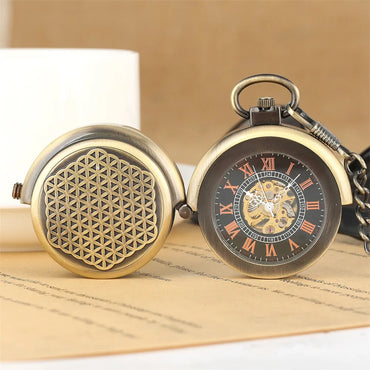 YISUYA Elegant Bronze Mechanical Rotating Cover Pocket Watch