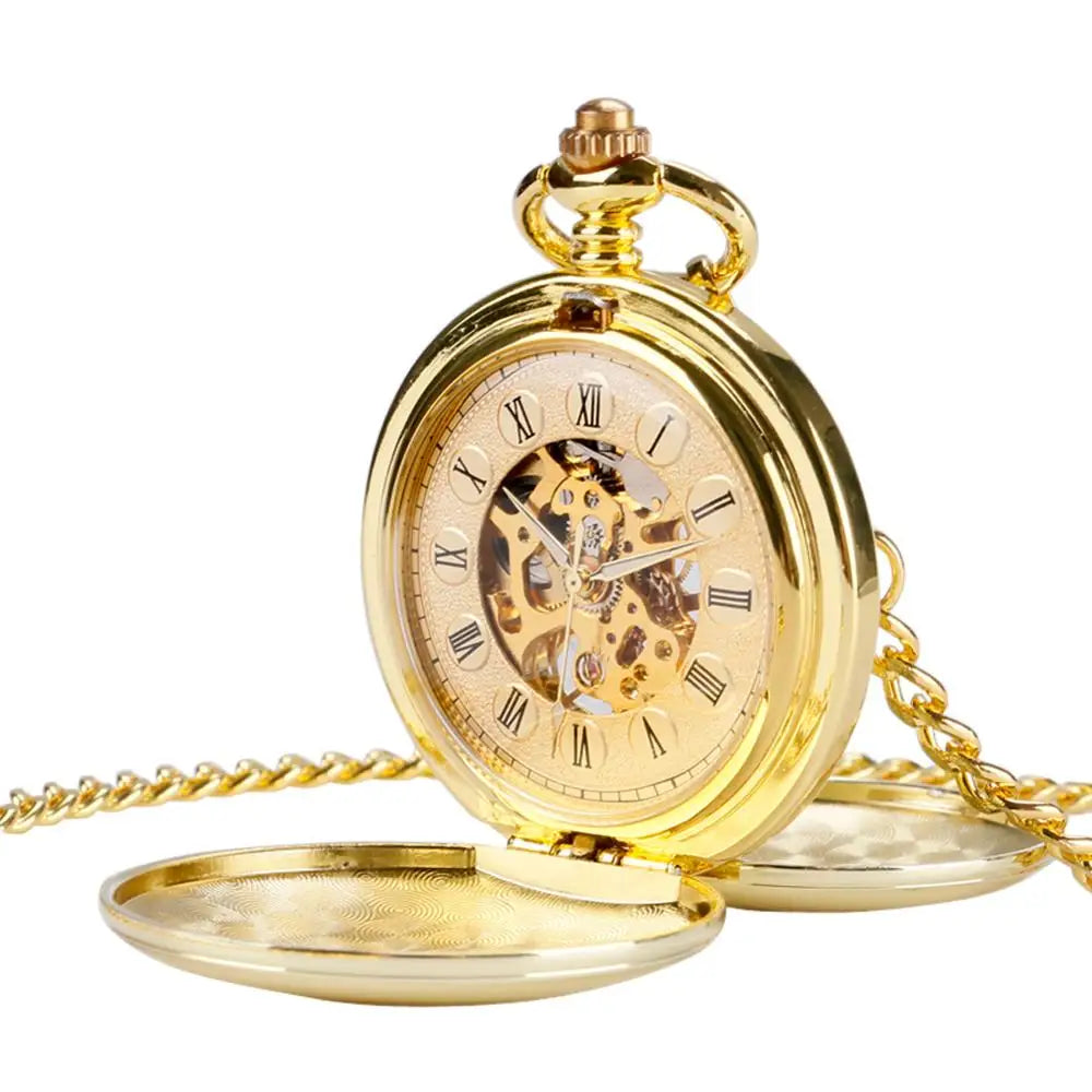 YISUYA Elegant Skeleton Smooth Hand Wind Mechanical Gold Colour Pocket Watch