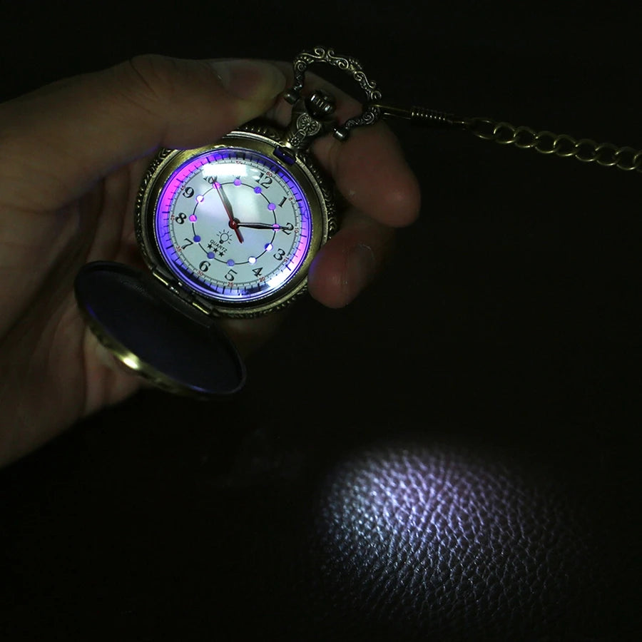 YISUYA Luminous Light Numerals Display Bronze Train Locomotive Quartz Pocket Watch