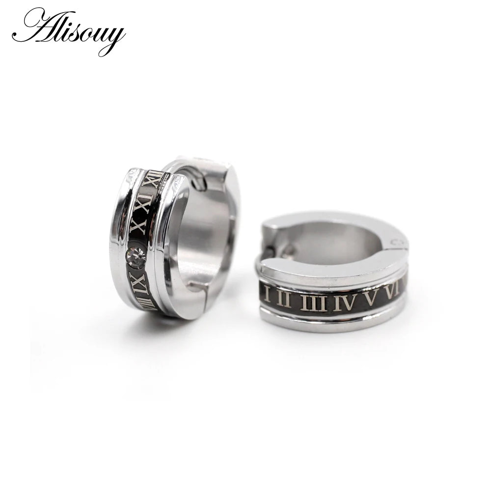 Alisouy 2pcs Inlay Crystal CZ Roman Numerals Stainless Steel Hoop Earrings