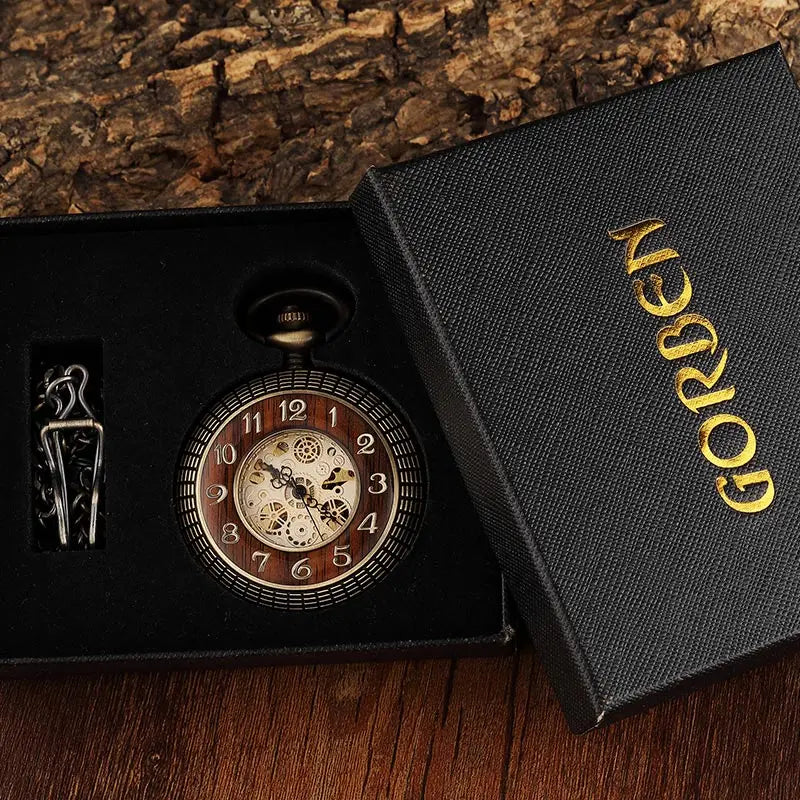 Gorben Solid Wood Mechanical Pocket Watch With Chain