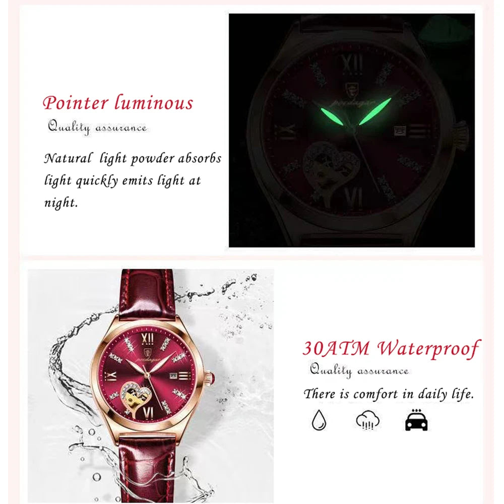 POEDAGAR Quality luxurious hollow Leather Strap Watch For Woman - Quartz Clockwork, Waterproof With Box