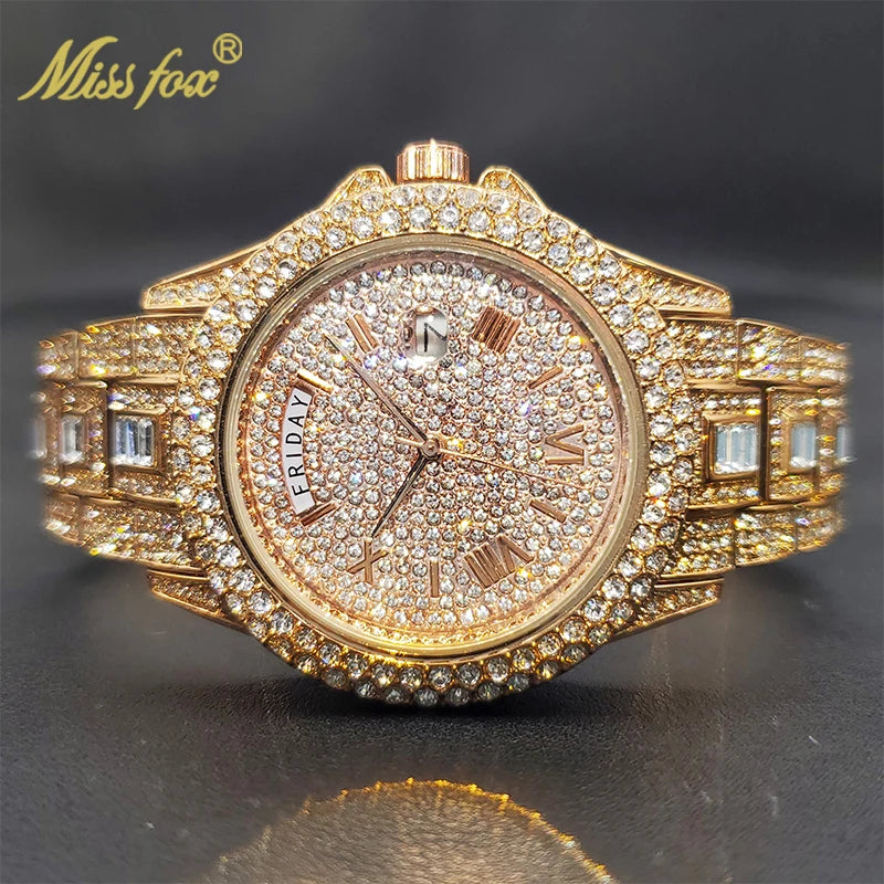 MISSFOX Luxury Gold Designer Diamond Watch - Iced Out Quartz Watch