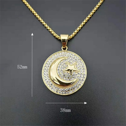 Crescent Iced Out Moon and Star Pendant Stainless Steel Necklace