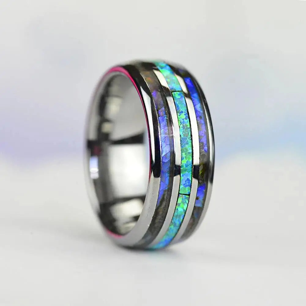 Fancy 8mm Rose, Black & Gold Color Stainless Steel Ring With Inlay natural Stone