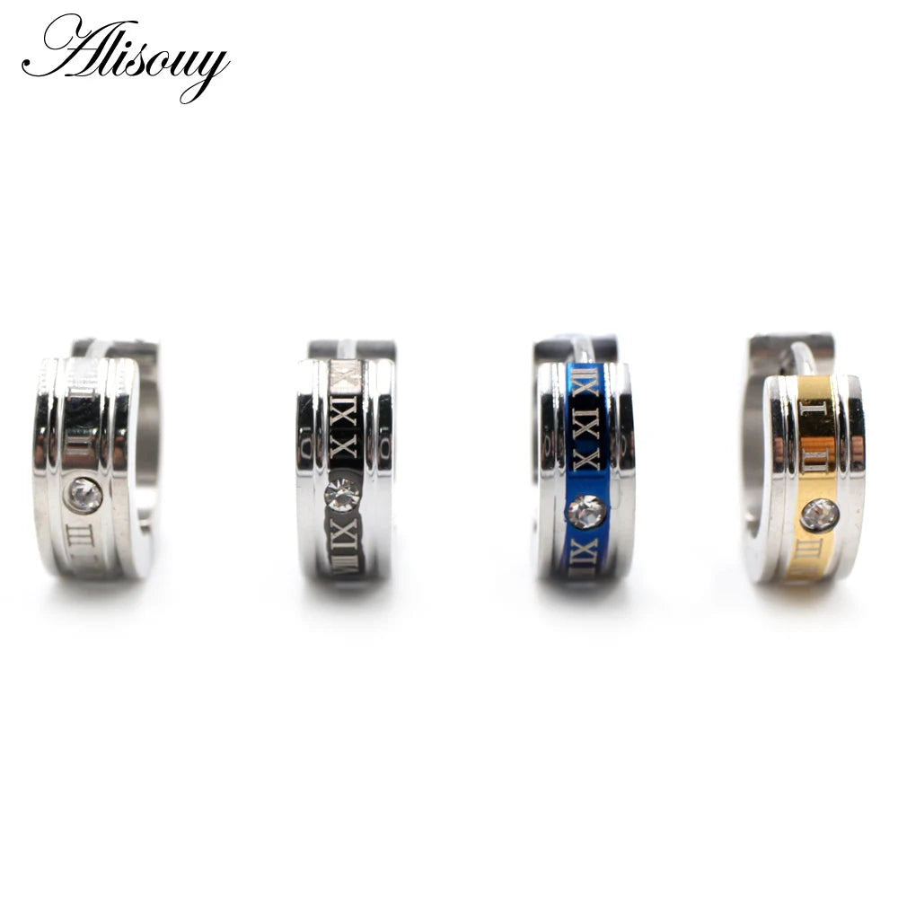 Alisouy 2pcs Inlay Crystal CZ Roman Numerals Stainless Steel Hoop Earrings