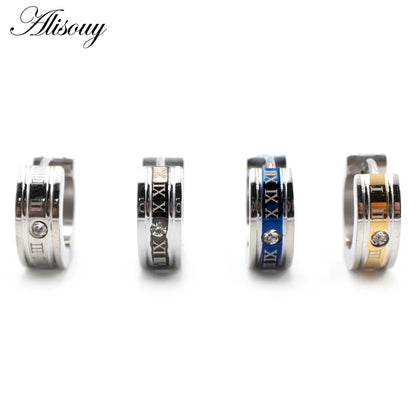 Alisouy 2pcs Inlay Crystal CZ Roman Numerals Stainless Steel Hoop Earrings