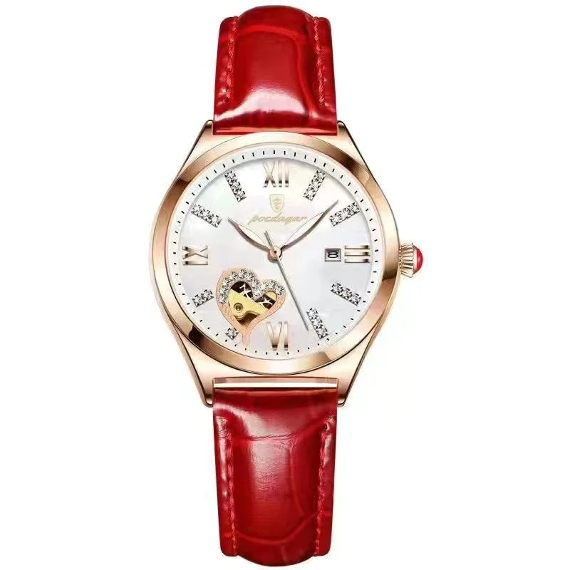 POEDAGAR Quality luxurious hollow Leather Strap Watch For Woman - Quartz Clockwork, Waterproof With Box