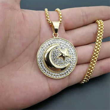 Crescent Iced Out Moon and Star Pendant Stainless Steel Necklace