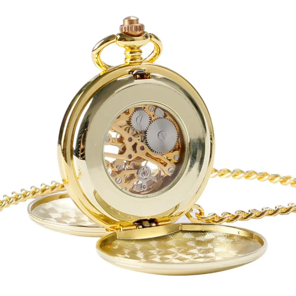 YISUYA Elegant Skeleton Smooth Hand Wind Mechanical Gold Colour Pocket Watch