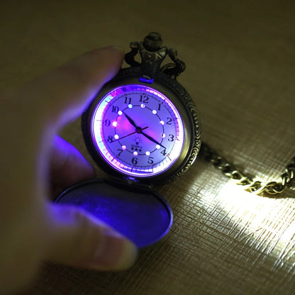 YISUYA Luminous Light Numerals Display Bronze Train Locomotive Quartz Pocket Watch