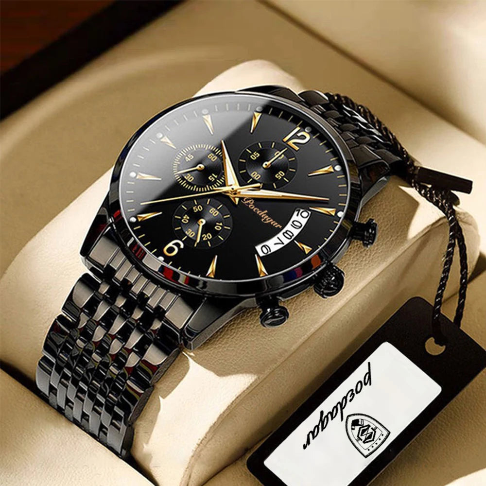 POEDAGAR Luxury Stainless Steel Quartz Watch - Waterproof, Luminous, Date And Box