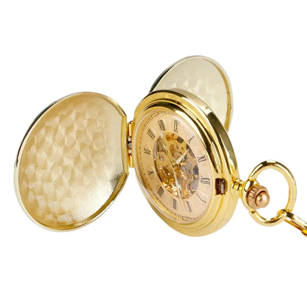 YISUYA Elegant Skeleton Smooth Hand Wind Mechanical Gold Colour Pocket Watch