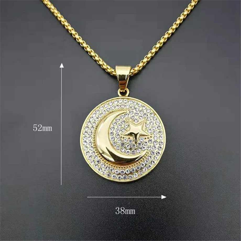 Crescent Iced Out Moon and Star Pendant Stainless Steel Necklace