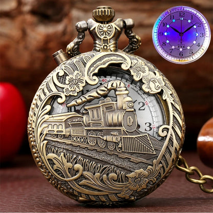 YISUYA Luminous Light Numerals Display Bronze Train Locomotive Quartz Pocket Watch