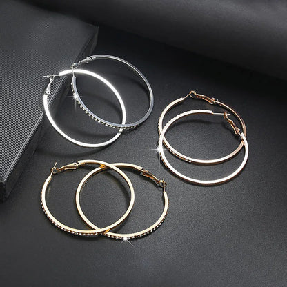 Big Hoop Earrings With Rhinestone In Gold, Silver & Rose Gold