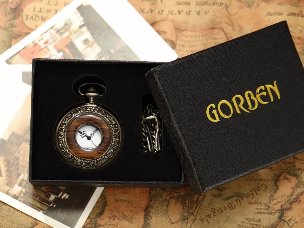 Gorben Solid Wood Mechanical Pocket Watch With Chain