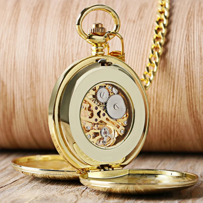 YISUYA Elegant Skeleton Smooth Hand Wind Mechanical Gold Colour Pocket Watch