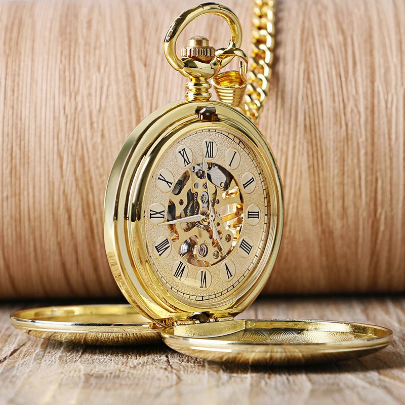 YISUYA Elegant Skeleton Smooth Hand Wind Mechanical Gold Colour Pocket Watch