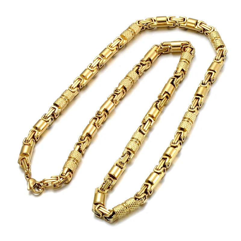 Qiaonitu 6mm Heavy 18K Gold Color Stainless Steel Byzantine Chain Necklace