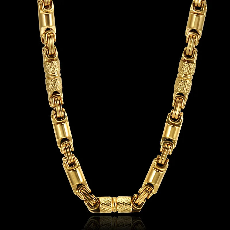 Qiaonitu 6mm Heavy 18K Gold Color Stainless Steel Byzantine Chain Necklace