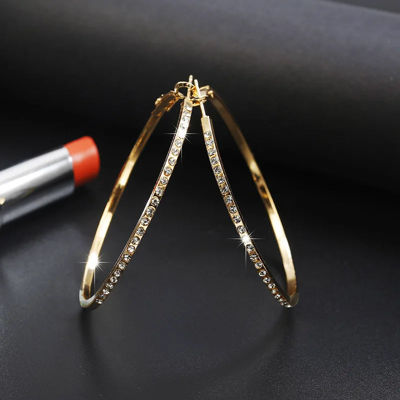 Big Hoop Earrings With Rhinestone In Gold, Silver & Rose Gold