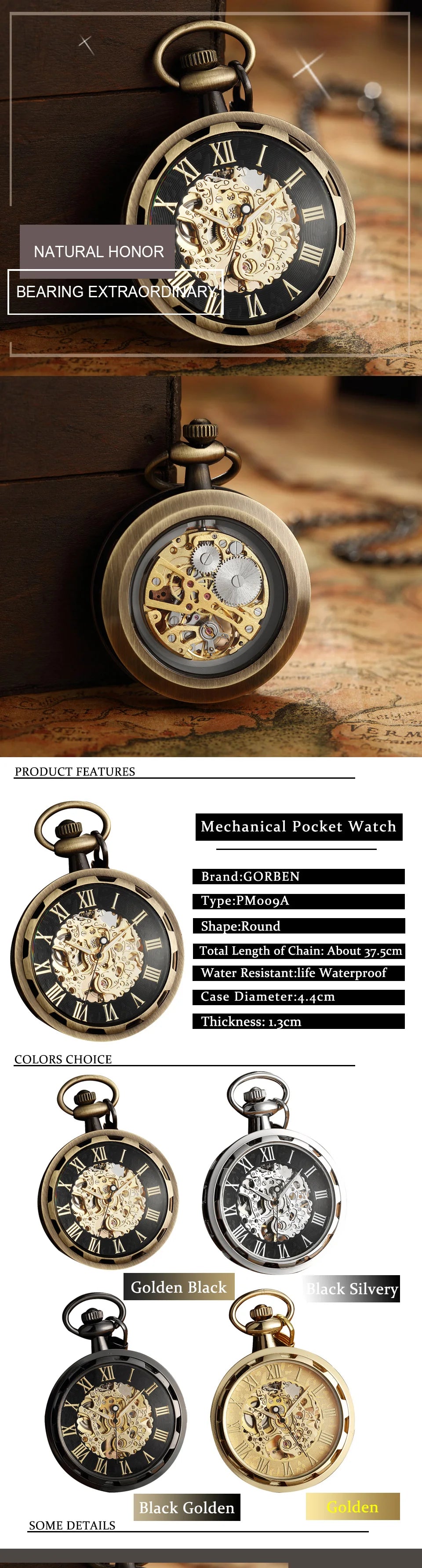 Gorben Luxurious Vintage Mechanical Skeleton Pocket Watches In Gold, Silver, Black & Mixed Colours