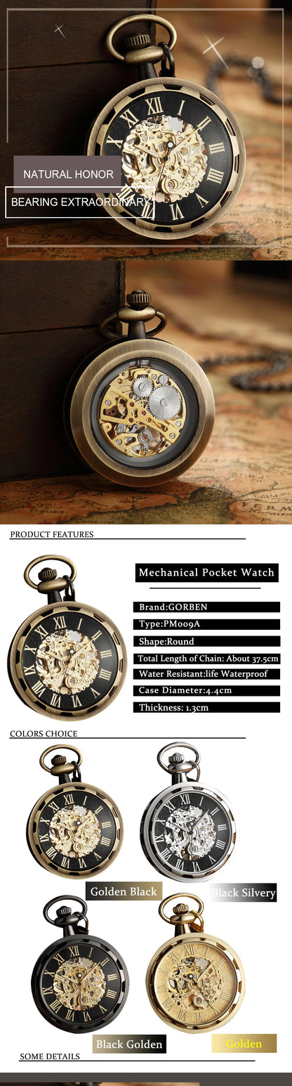 Gorben Luxurious Vintage Mechanical Skeleton Pocket Watches In Gold, Silver, Black & Mixed Colours