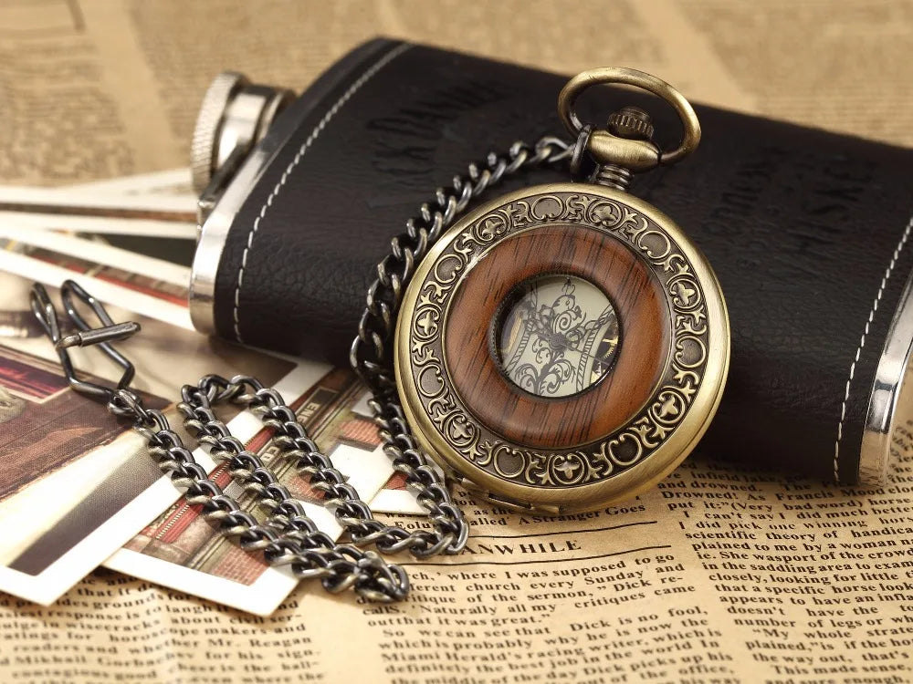 Gorben Solid Wood Mechanical Pocket Watch With Chain